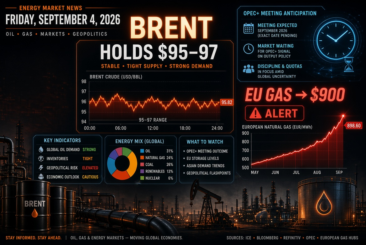 Novinky z ropy a energetiky – pátek, 4. září 2026: Brent se drží na 95–97 USD v očekávání setkání OPEC+, plyn v Evropě útočí na 900 USD