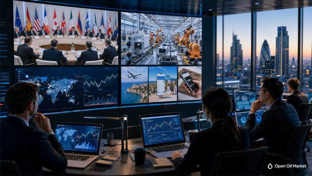 Globální trhy 18. května 2026, analytici hodnotí setkání G7, průmyslovou výrobu Číny a firemní zprávy Baidu, Ryanair, Trip.com a XP Inc