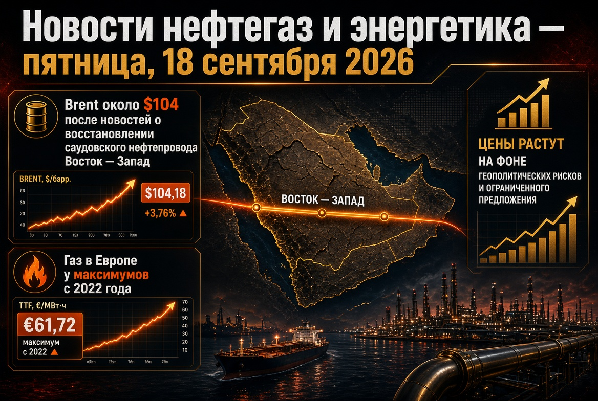 Novinky z ropného a energetického trhu — pátek, 18. září 2026: Brent kolem 104 USD po zprávách o obnovení saúdského ropovodu Východ-Západ, plyn v Evropě na maximech od roku 2022.