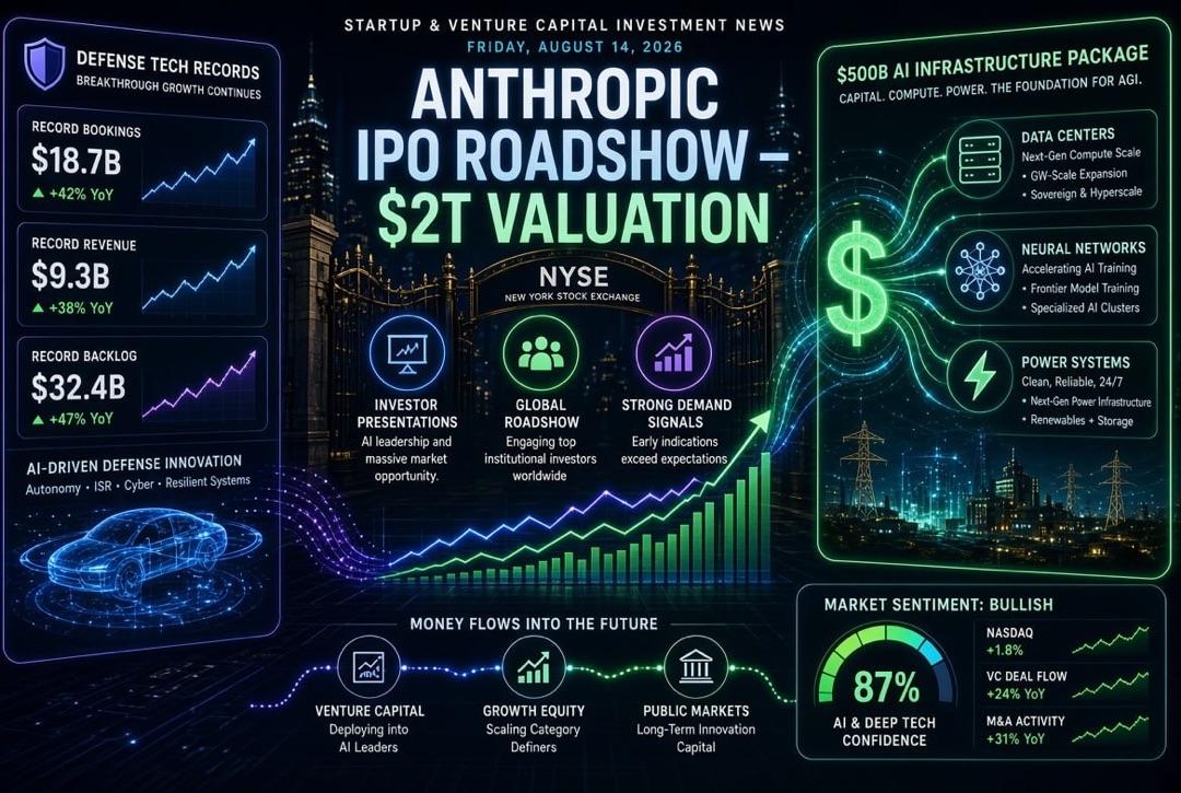 Zprávy ze startupů a venture kapitálu — pátek, 14. srpna 2026: roadshow IPO Anthropic na 2 biliony USD, balíček na 500 miliard USD pro AI infrastrukturu a rekordy obranných technologií.