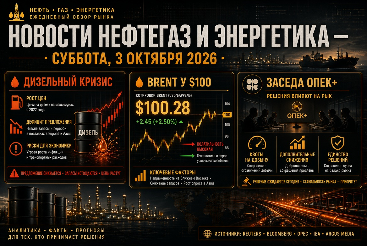 Novinky z ropného a energetického sektoru – sobota, 3. října 2026: dieselová krize, Brent za 100 $ a jednání OPEC+