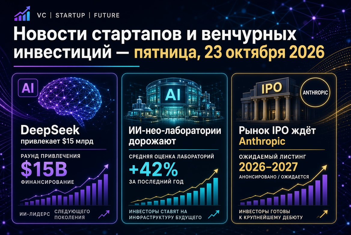 Novinky startupů a venture investic — pátek, 23. října 2026: DeepSeek získává 15 miliard USD, AI-neo laboratoře zdražují, a trh IPO čeká na Anthropic