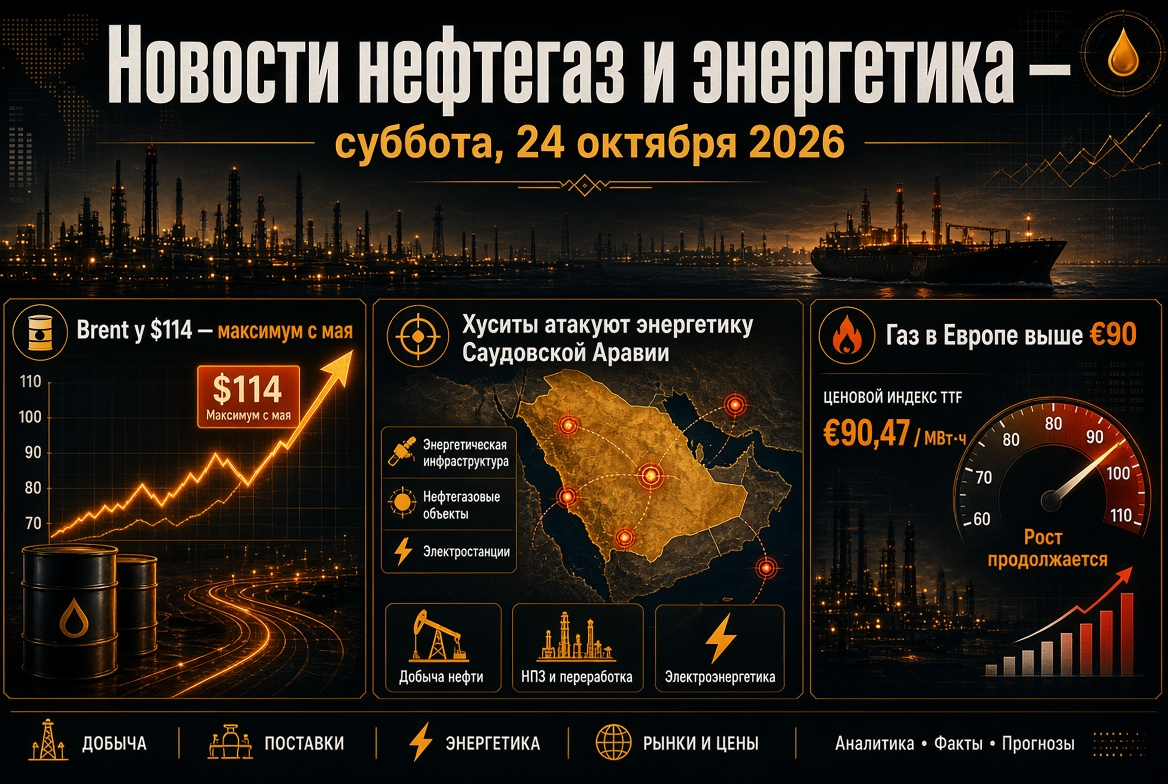 Novinky ropný a plynárenský sektor – sobota, 24. října 2026: Brent u $114 – maximum od května, husiťi útočí na energetiku Saúdské Arábie, plyn v Evropě nad €90