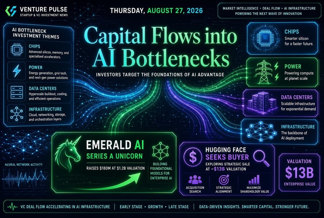 Novinky o startupech a venture kapitálu — čtvrtek, 27. srpna 2026: kapitál odchází do „úzkých míst“ AI, Emerald AI se stala jednorožcem na Series A, a Hugging Face hledá kupce za 13 miliard dolarů.