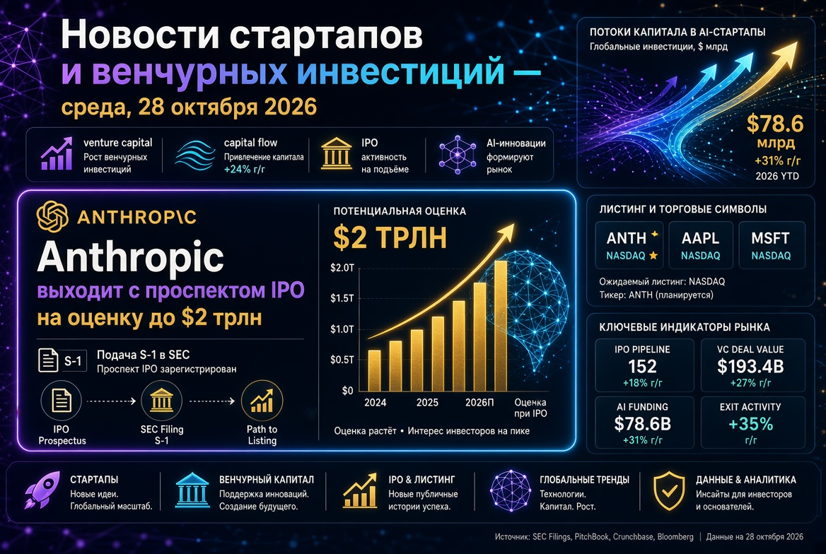 Zprávy startupů a rizikových investic — středa, 28. října 2026: Anthropic vychází s prospektem IPO s oceněním až 2 biliony USD