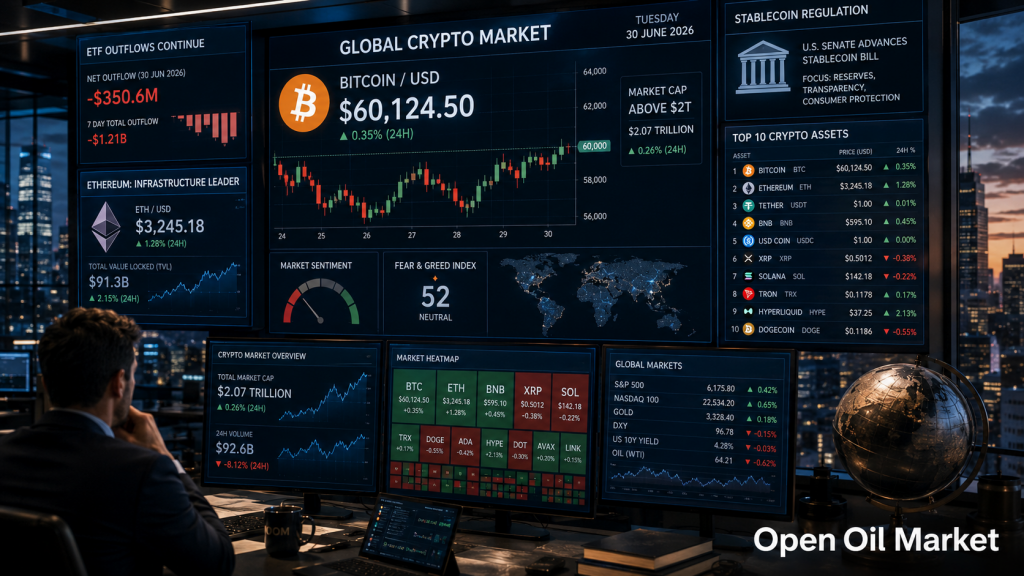 Kryptoměnový trh 30. června 2026: Ethereum, Solana, XRP, BNB, USDT, USDC a ETF-odlivy