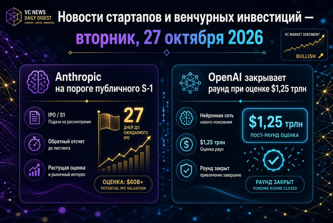 Novinky ze startupů a venture kapitálových investic – úterý, 27. října 2026: Anthropic na prahu veřejného S-1, OpenAI uzavírá kolo s oceněním 1,25 bilionu dolarů
