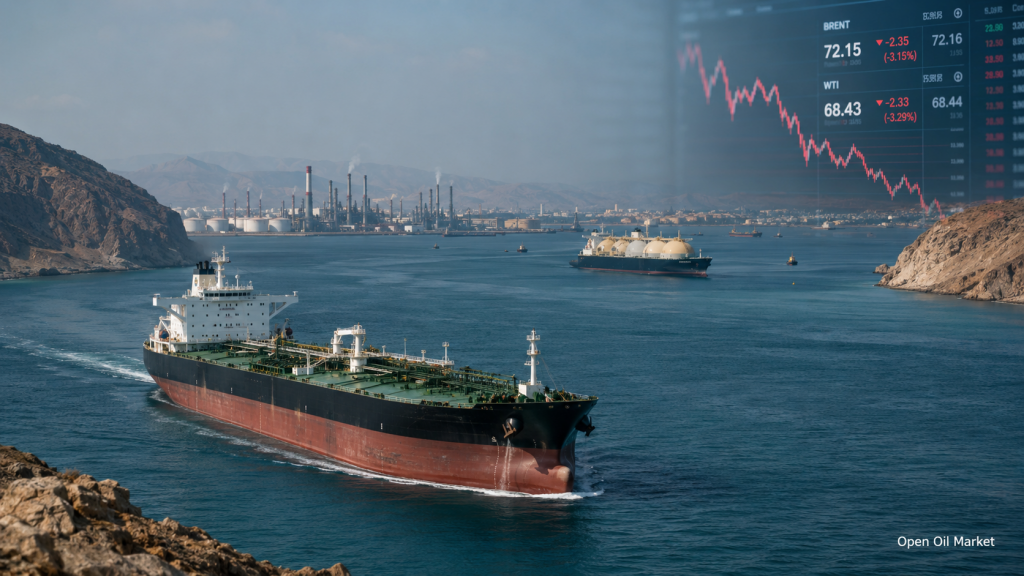Světový energetický trh 16. června 2026: ropný tanker, LNG, rafinérie, Hormuzský průliv a pokles cen ropy
