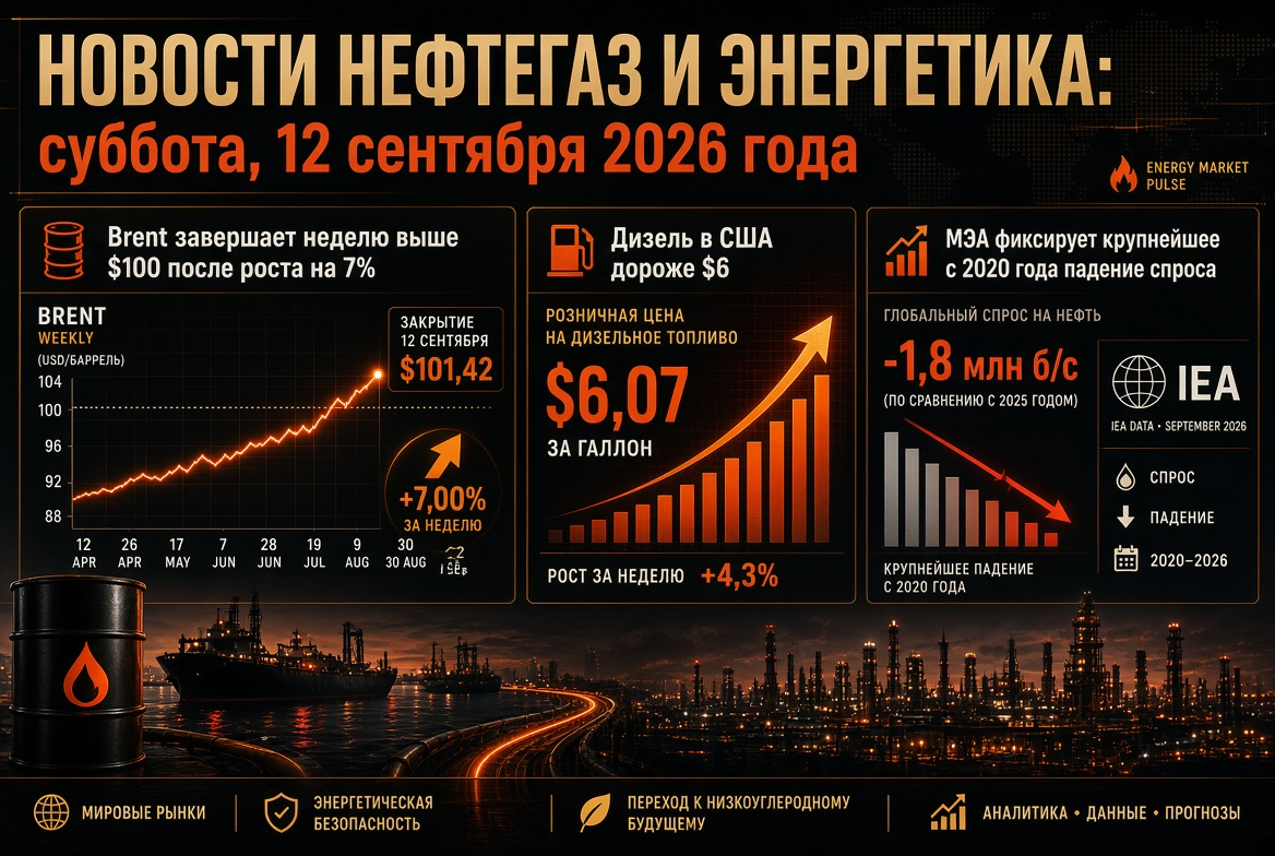 Novinky v oblasti ropy a energie: sobota, 12. září 2026 — Brent končí týden nad 100 USD po nárůstu o 7 %, nafta v USA dražší než 6 USD, IEA hlásí největší pokles poptávky od roku 2020