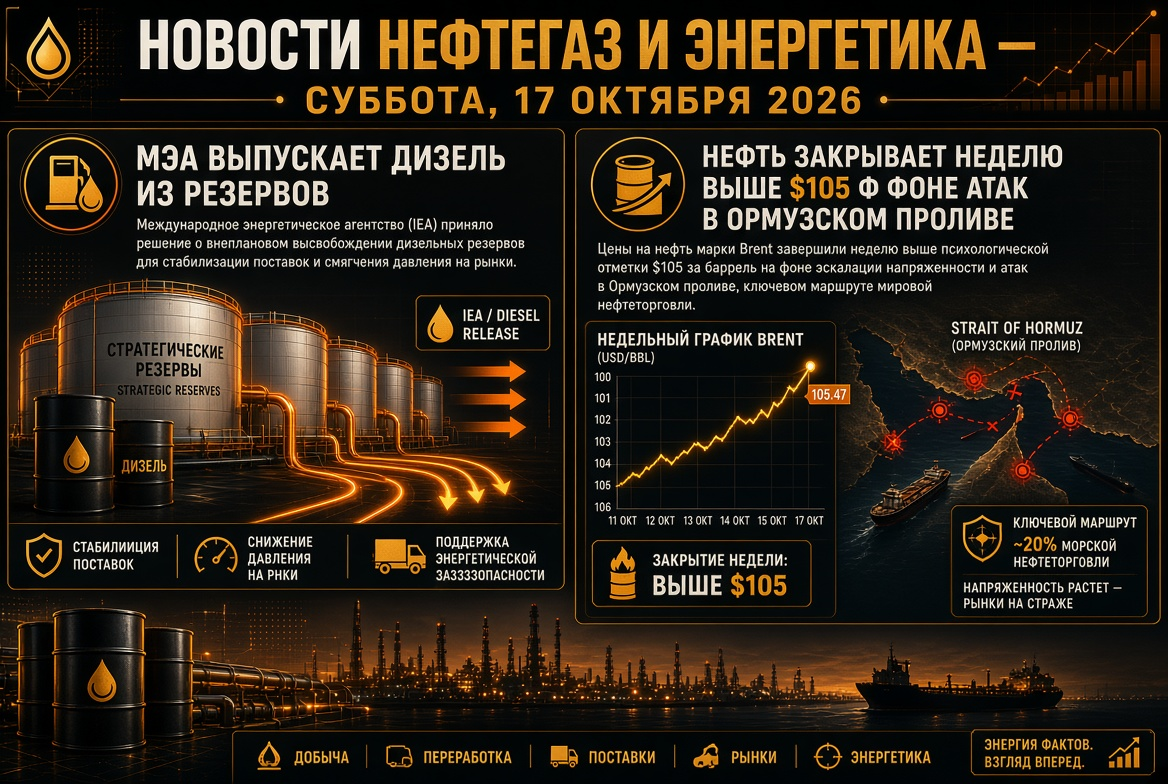 Novinky ropný a energetický sektor — sobota, 17. října 2026: IEA uvolňuje naftu ze rezerv, ropa zavírá týden nad $105 na pozadí útoků v Hormuzském průlivu