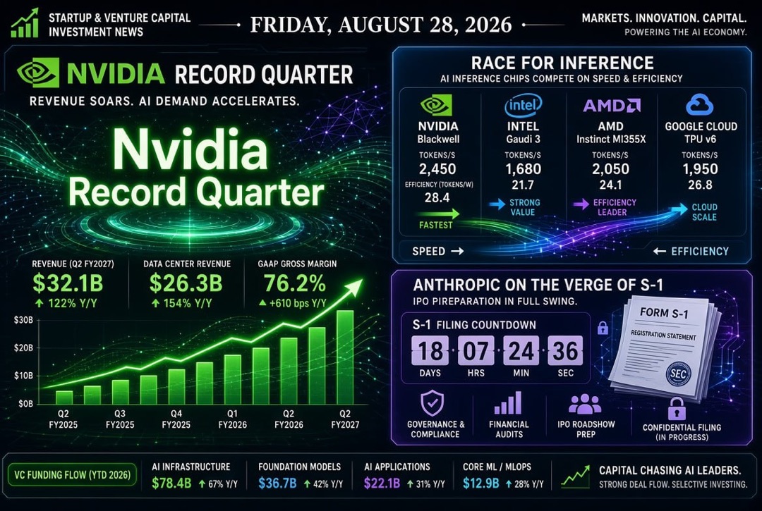 Novinky ze startupů a venture investic — pátek, 28. srpna 2026: rekordní čtvrtletí Nvidia, závod o inference a Anthropic na pokraji veřejného S-1