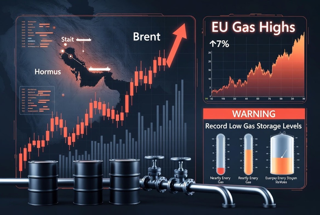 Zprávy o energii - čtvrtek, 30. července 2026: eskalace v Hormuzském průlivu rozproudila cenu ropy Brent, plyn v Evropě dosahuje maxima při rekordně nízkých zásobách.