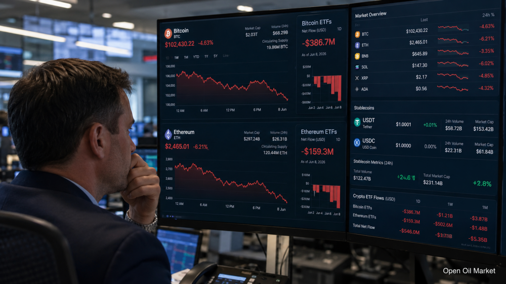 Kryptoměnový trh 8. června 2026: Bitcoin pod tlakem, Ethereum klesá, stablecoiny posilují pozice