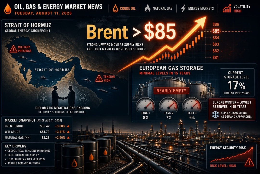 Novinky z ropných a energetických sektorů — úterý, 11. srpna 2026: Brent překonal 85 dolarů v souvislosti s vyjednáváním kolem Hormuzského průlivu, Evropa vstupuje do zimy s minimálními zásobami plynu za 15 let.