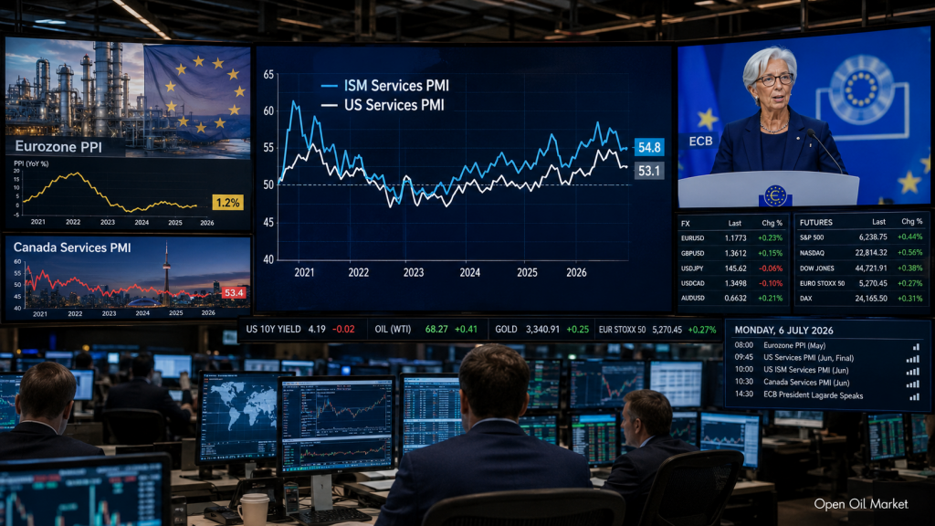Ekonomický kalendář na 6. července 2026: ISM Services PMI USA, PPI eurozóny, PMI Kanady, vystoupení předsedkyně ECB Christine Lagarde a reakce investorů