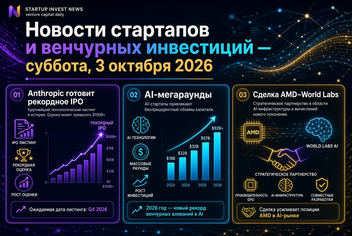 Novinky ze startupů a rizikového kapitálu — sobota, 3. října 2026: Anthropic připravuje rekordní IPO, AI mega-kola a dohoda AMD–World Labs