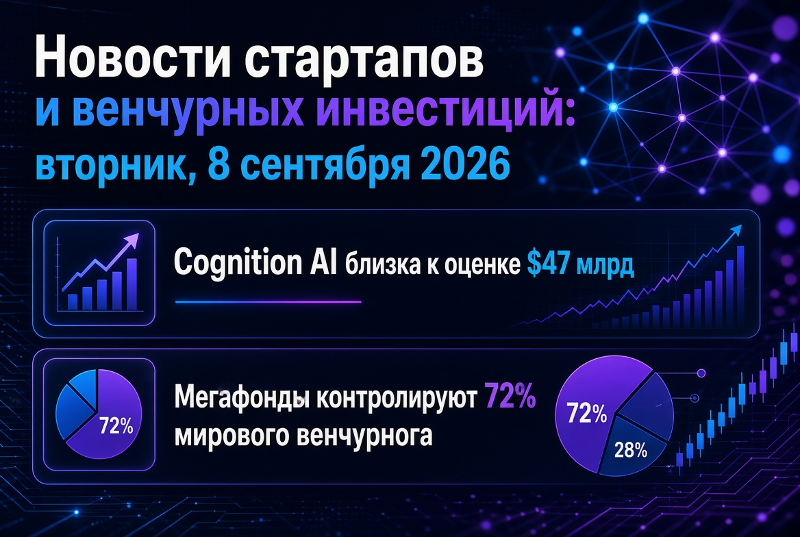 Novinky ze startupů a venture investic: Úterý, 8. září 2026 — Cognition AI blízko ocenění 47 miliard USD, megafondy kontrolují 72 % globálního venture trhu