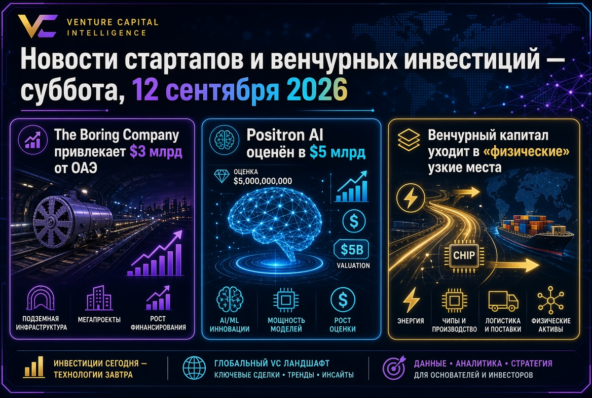 Novinky startupů a venture investic — sobota, 12. září 2026: The Boring Company získává 3 miliardy dolarů ze SAE, Positron AI oceňována na 5 miliard dolarů, a venture kapitál odchází do „fyzických“ úzkých míst.