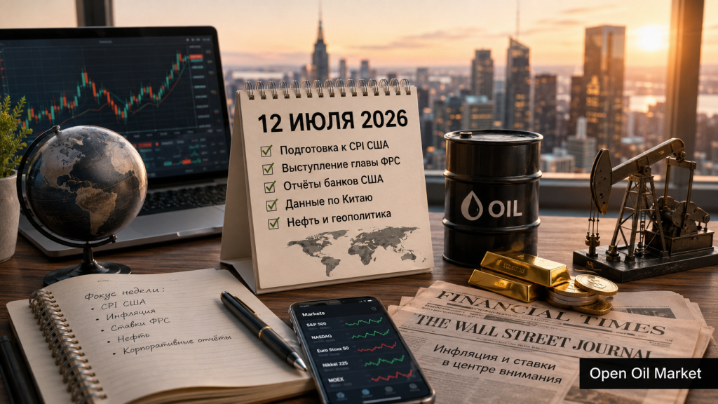 Mundální finanční kalendář 12. července 2026 s CPI USA, zprávami bank, ropou a indexy S&P 500, Euro Stoxx 50, Nikkei 225 a MOEX