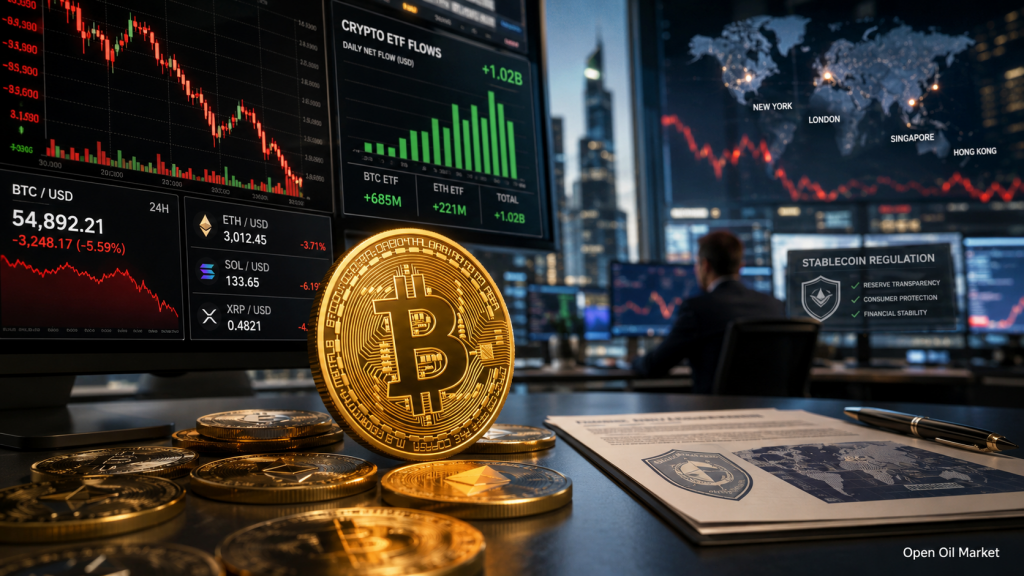 Kryptoměnový trh 9. července 2026: Bitcoin pod tlakem, přílivy do ETF, Ethereum, Solana, XRP a regulace stablcoinů