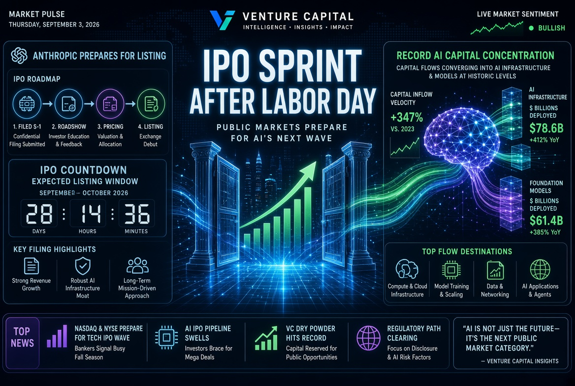 Novinky startupů a venture kapitálu — čtvrtek 3. září 2026: IPO sprint po Dnu práce, příprava Anthropic na listing a rekordní koncentrace AI kapitálu