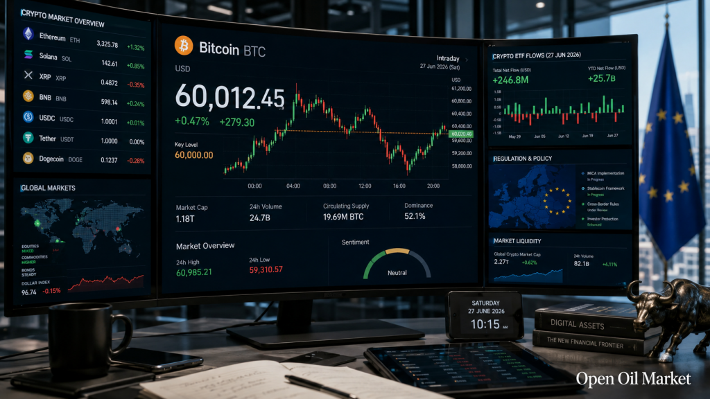 Globální trh kryptoměn 27. června 2026: Bitcoin, Ethereum, ETF toky, stablecoiny a regulace MiCA