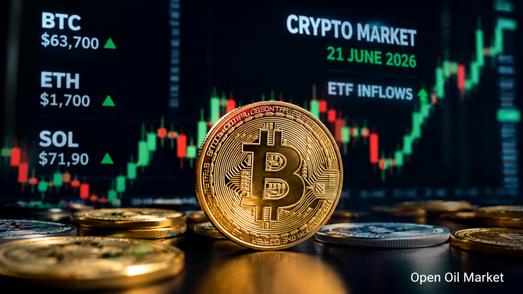Novinky kryptoměn, neděle 21. června 2026: Bitcoin udržuje 63–64 tisíc, toky ETF a regulace stablecoinů určují tón trhu