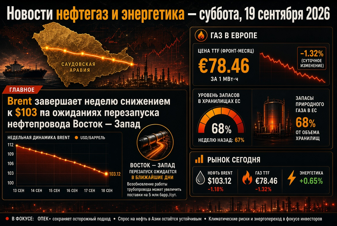 Novinky o ropě a energetice – sobota, 19. září 2026: Brent zakončuje týden poklesem na 103 USD v očekávání restartu ropovodu Východ – Západ, plyn v Evropě přibližně 78 EUR při zásobách 68 %.