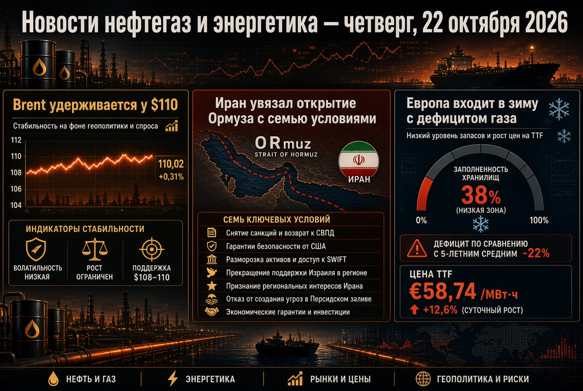 Novinky ropného a energetického sektoru — čtvrtek, 22. října 2026: Brent se drží na 110 dolarech, Írán podmínil otevření Hormuzu sedmi požadavky, Evropa vstupuje do zimy s nedostatkem plynu.