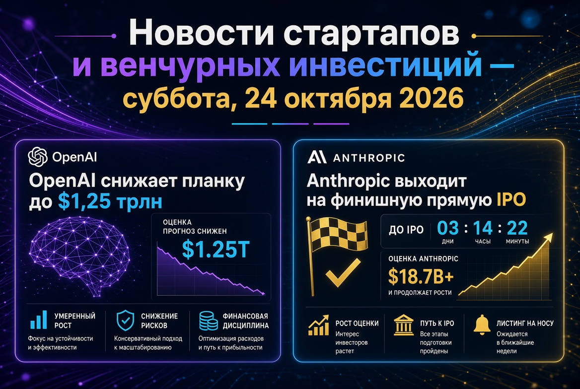 Novinky ze startupů a rizikového kapitálu — sobota, 24. října 2026: OpenAI snižuje hodnotu na 1,25 bilionu USD, zatímco Anthropic se blíží k IPO.