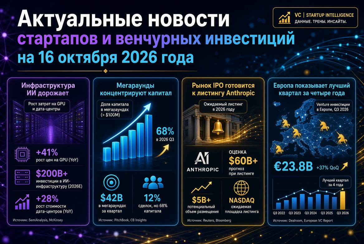 Aktuální novinky startupů a rizikového kapitálu k 16. říjnu 2026: infrastruktura AI zdražuje, megakola koncentrují kapitál, trh IPO se připravuje na listing Anthropic, a Evropa ukazuje nejlepší čtvrtletí za čtyři roky