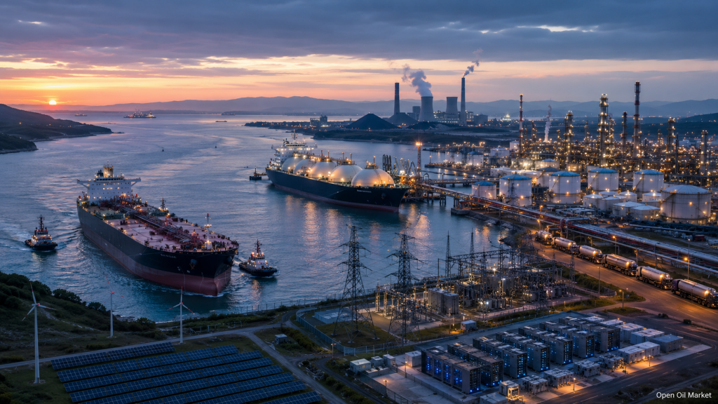 Novinky o ropě a plynu a energetika 2. června 2026: ropný tanker v strategickém průlivu, LNG terminál, rafinérie, elektrické sítě, datové centrum, OZE a uhelná výroba