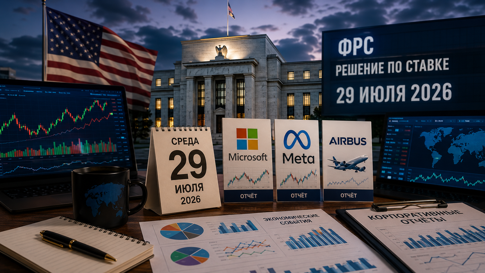 Ekonomické události a firemní zprávy: středa, 29. července 2026 — rozhodnutí Fedu o sazbě, zprávy Microsoft, Meta a Airbus
