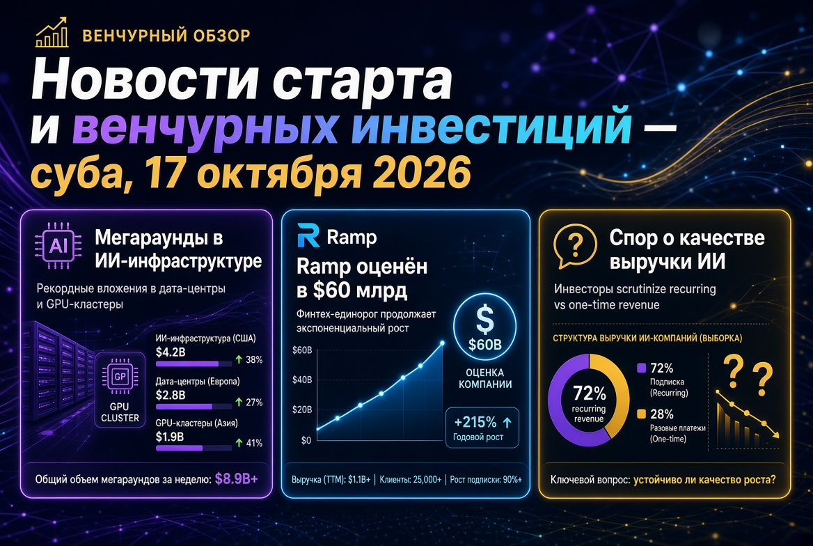 Novinky startupů a rizikového kapitálu — sobota, 17. října 2026: megakola v AI infrastruktuře, Ramp oceněn na 60 miliard USD a spor o kvalitě tržeb AI