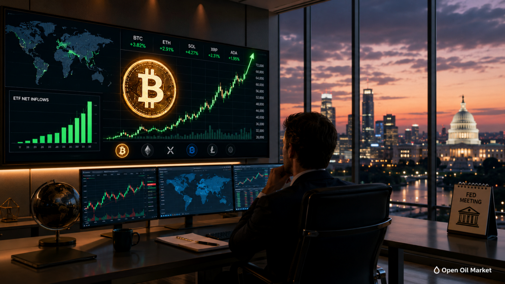 Bitcoin roste na pozadí ETF toků a očekávání zasedání FEDu, globální kryptoměnový trh 16. června 2026