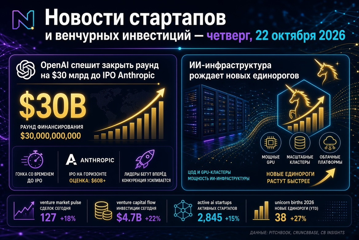 Novinky ze startupů a venture kapitálu — čtvrtek 22. října 2026: OpenAI se snaží uzavřít kolo na 30 miliard USD před IPO Anthropic, zatímco infrastruktura AI vychovává nové jednorožce.