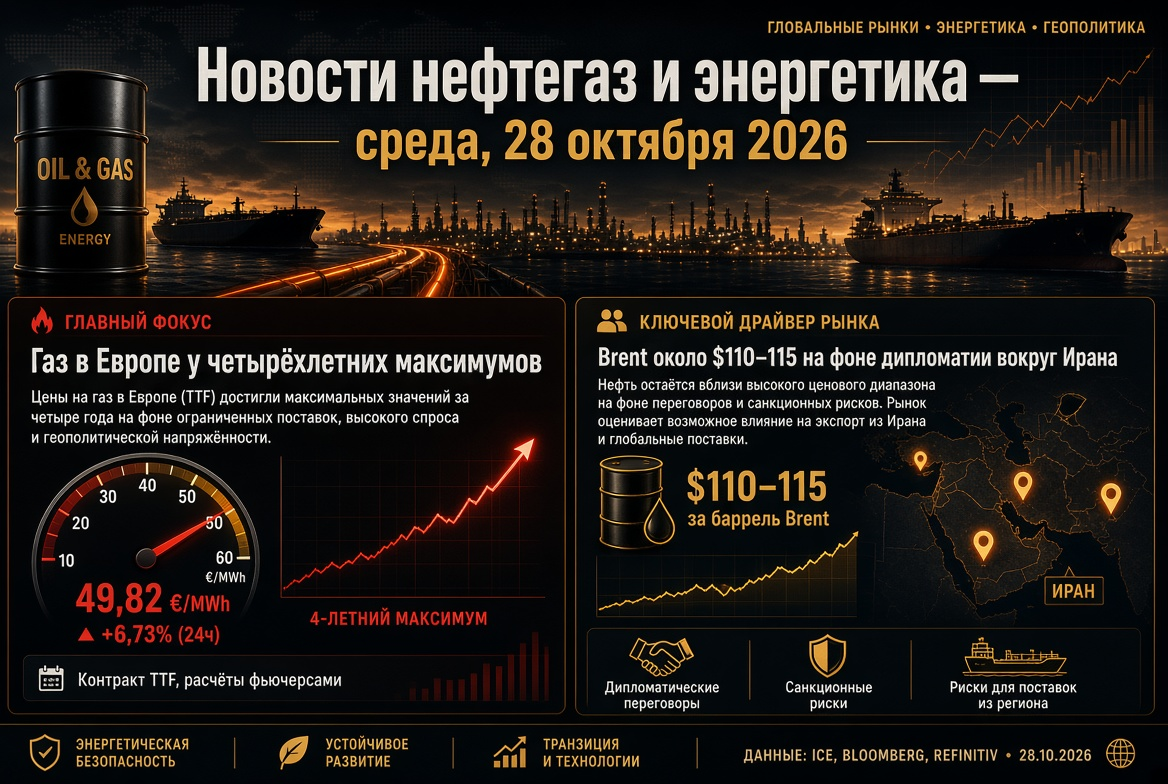 Novinky z oblasti ropy a energetiky — středa, 28. října 2026: plyn v Evropě u čtyřletých maxim, Brent kolem 110–115 na pozadí diplomacie kolem Íránu.