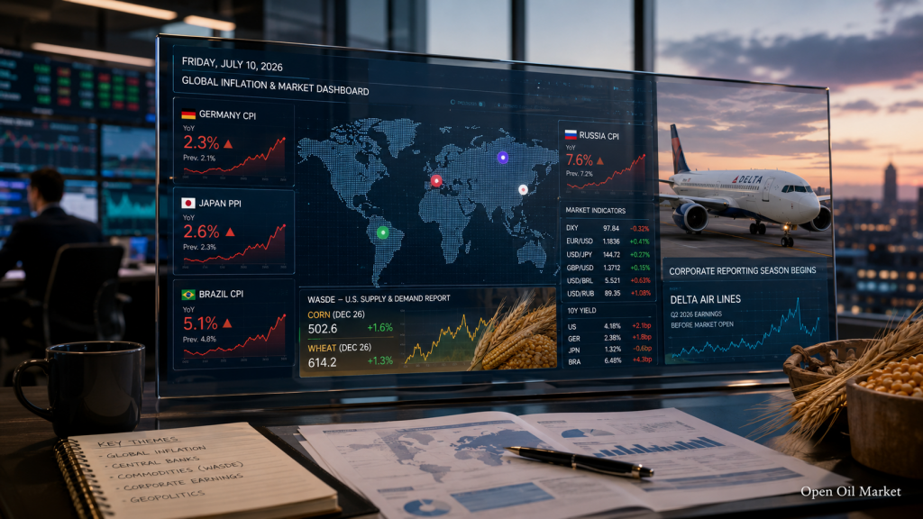 Inflace Německa, Ruska a Brazílie, PPI Japonska, WASDE a zpráva Delta Air Lines — hlavní události 10. července 2026