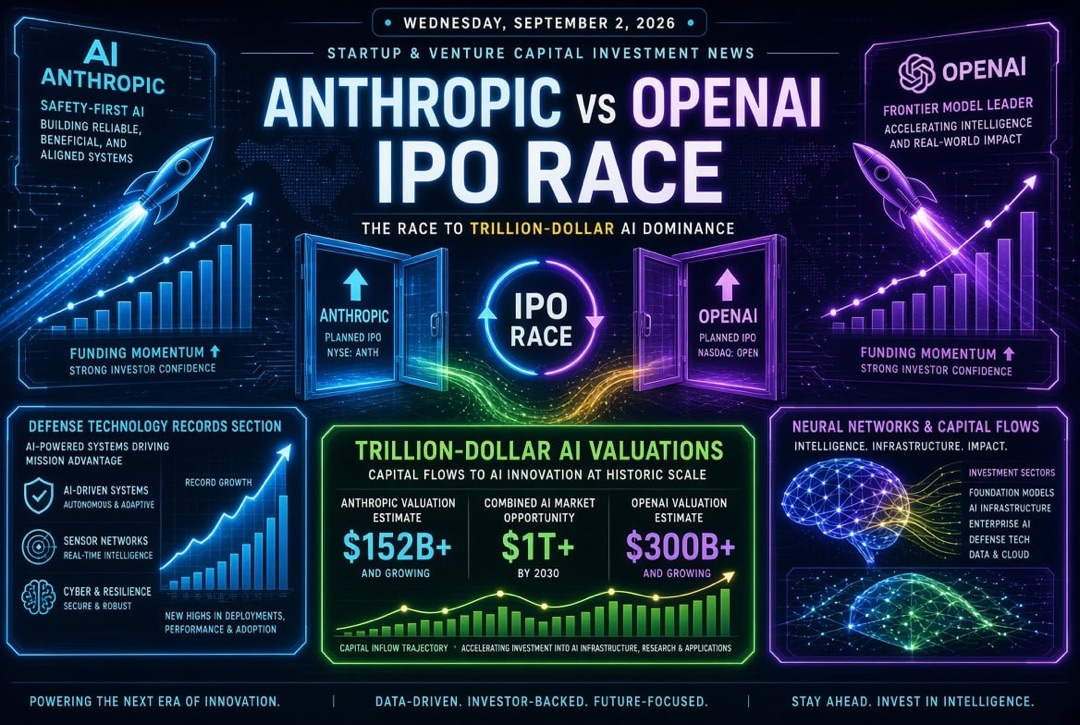 Novinky ze světa startupů a venture kapitálu — středa 2. září 2026: závod o IPO mezi Anthropic a OpenAI, bilionové valuace v oblasti umělé inteligence a rekordy v obranných technologiích