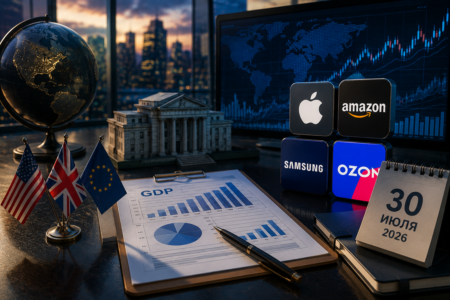 Ekonomické události a firemní zprávy: čtvrtek, 30. července 2026 – HDP USA, rozhodnutí Banky Anglie, zprávy Apple, Amazon, Samsung a Ozon