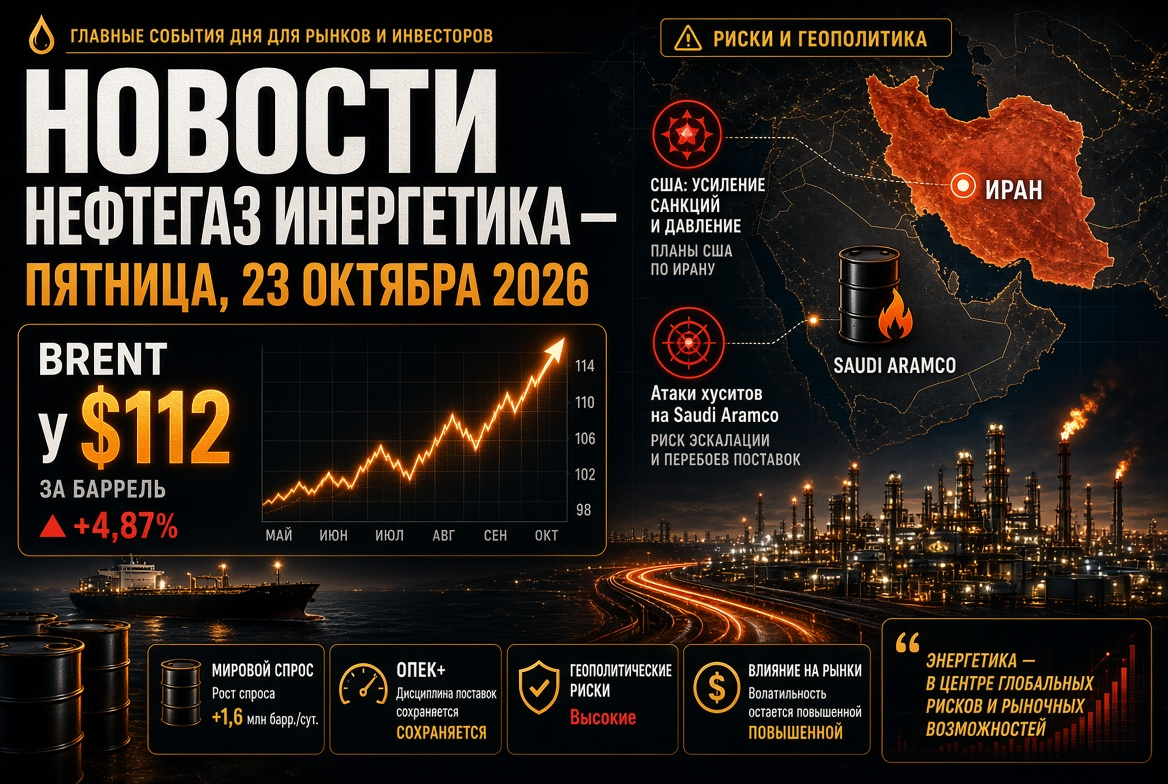 Novinky v oblasti ropy a energie – pátek, 23. října 2026: Brent ve výši 112 USD na pozadí plánů USA vůči Íránu a útoků Húsíů na Saudi Aramco