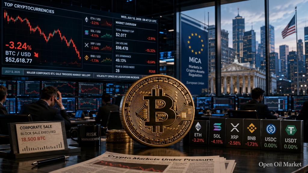 Novinky kryptoměn, středa 8. července 2026: Bitcoin pod tlakem Strategie a nová pravidla MiCA