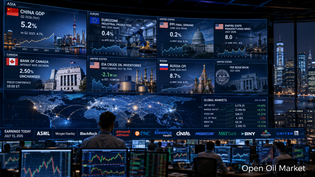 Světové trhy 15. července 2026: HDP Číny, PPI USA, Bank of Canada, zásoby ropy EIA a zprávy ASML, Morgan Stanley a BlackRock.