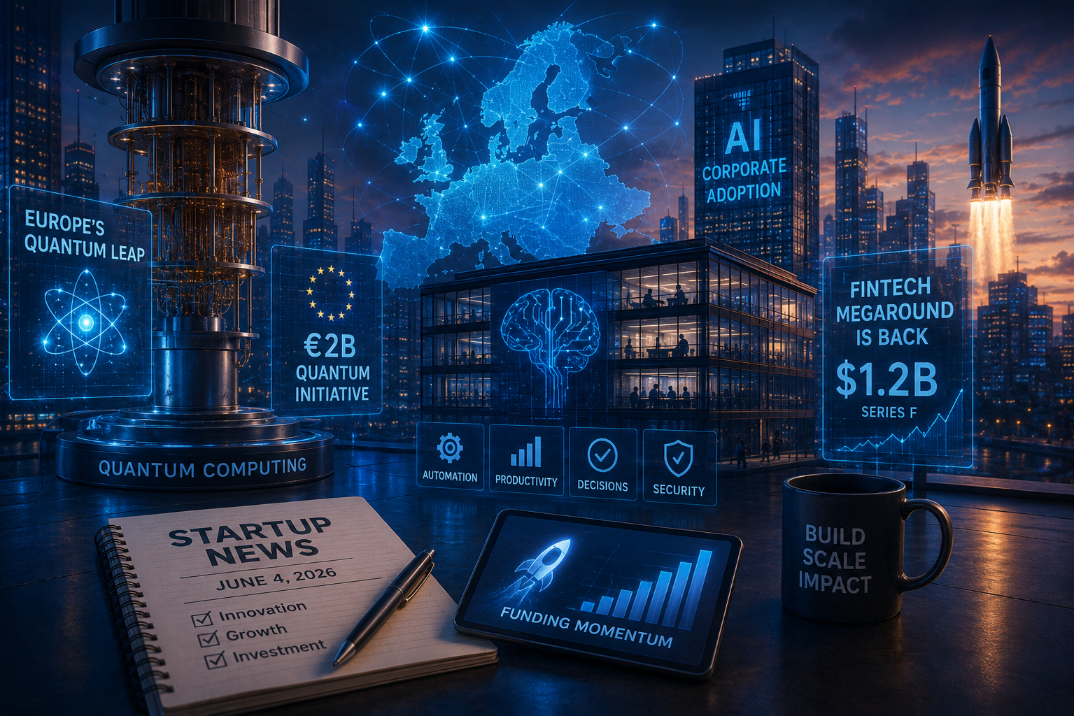 Novinky startupů a venture investic, čtvrtek, 4. června 2026: kvantový průlom Evropy, korporátní AI a návrat fintech megakol