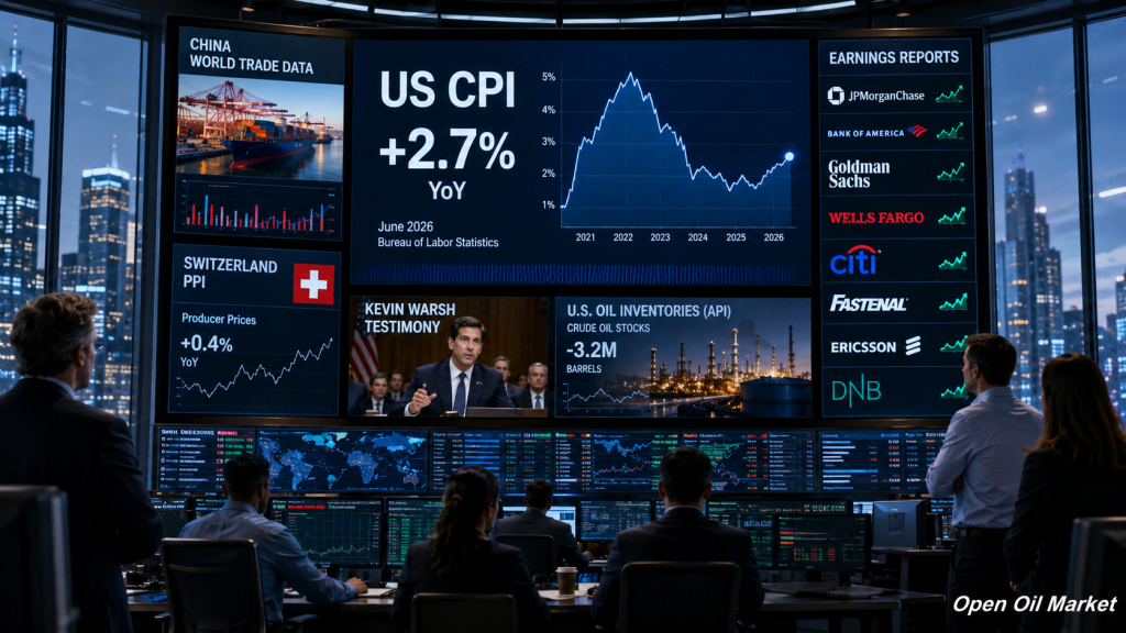 Globální trhy 14. července 2026 — CPI USA, statistiky Číny, zásoby ropy API a zprávy JPMorgan, Bank of America, Goldman Sachs, Wells Fargo a Citigroup.