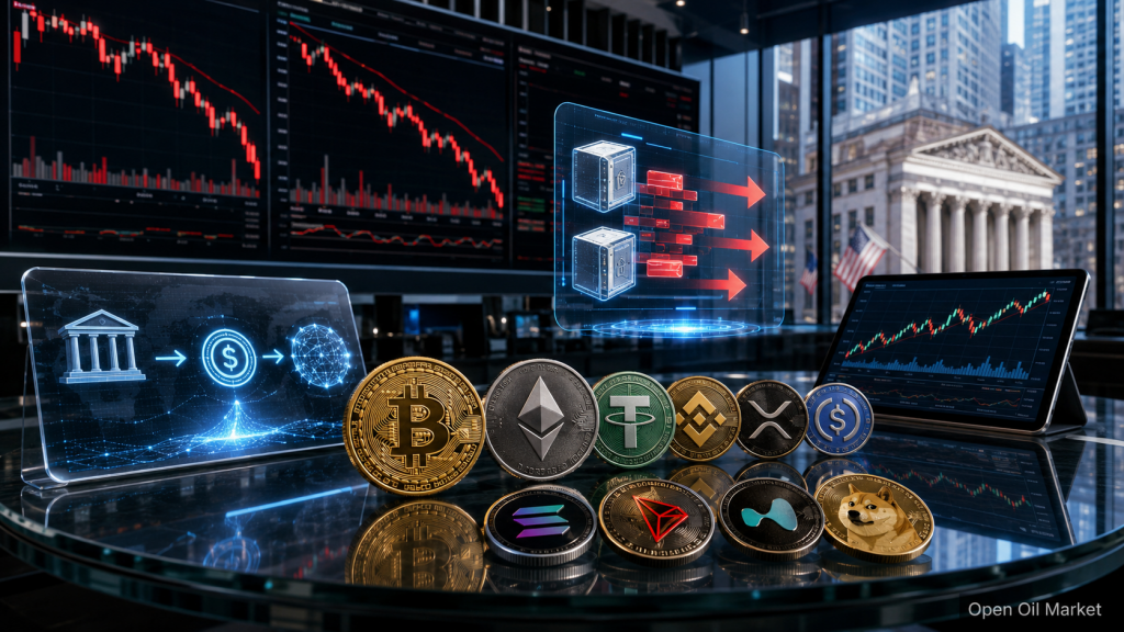 Novinky kryptoměn 1. června 2026, Bitcoin a Ethereum na pozadí obchodních grafů, odtoky z ETF, stabilní kryptoměny a největší kryptoměny