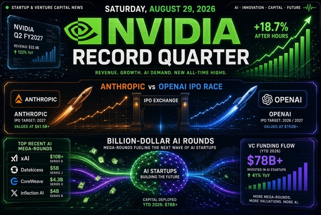 Novinky ze startupů a rizikových investic — sobota, 29. srpna 2026: rekordní čtvrtletí Nvidia, závod IPO Anthropic a OpenAI a miliardové AI kola