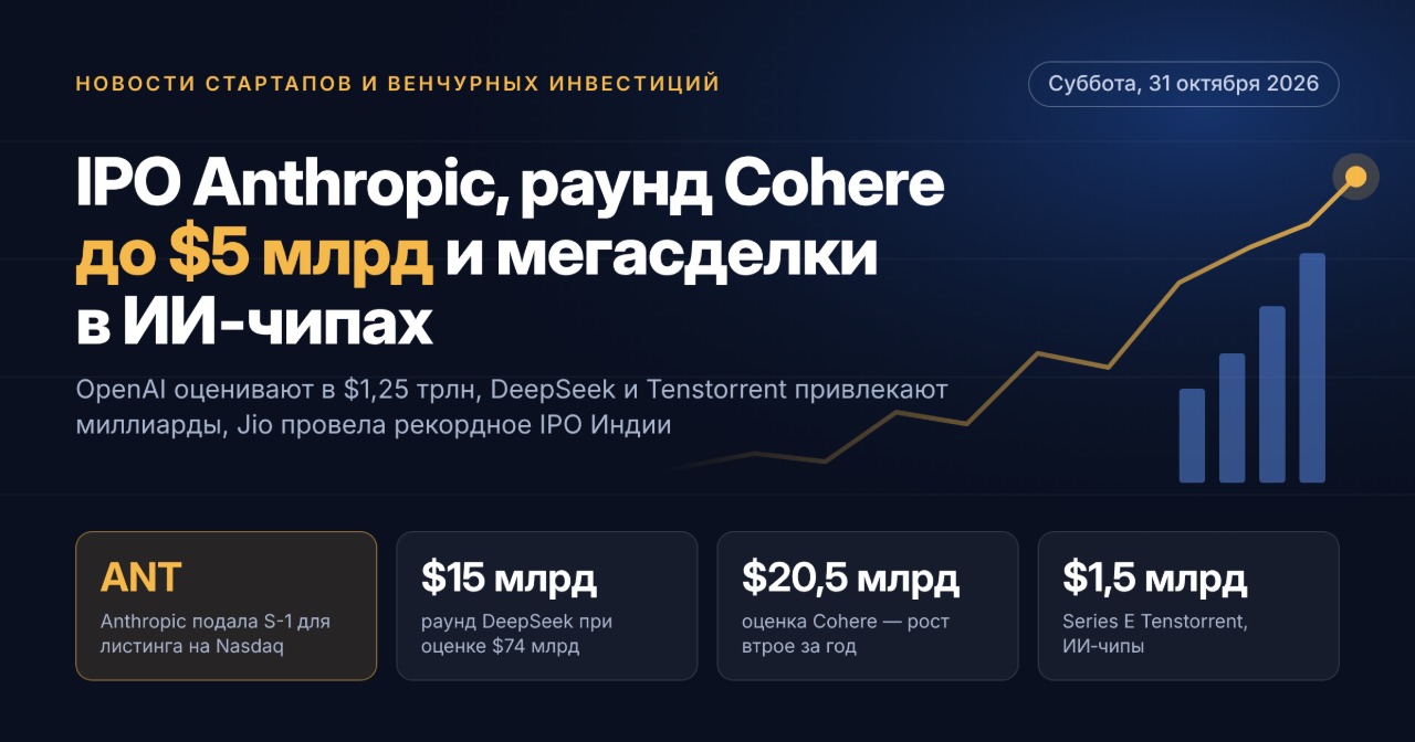 Novinky ze startupů a rizikového kapitálu — sobota 31. října 2026: IPO Anthropic, kolo Cohere do 5 mld. dolarů a megadealy v AI čipech