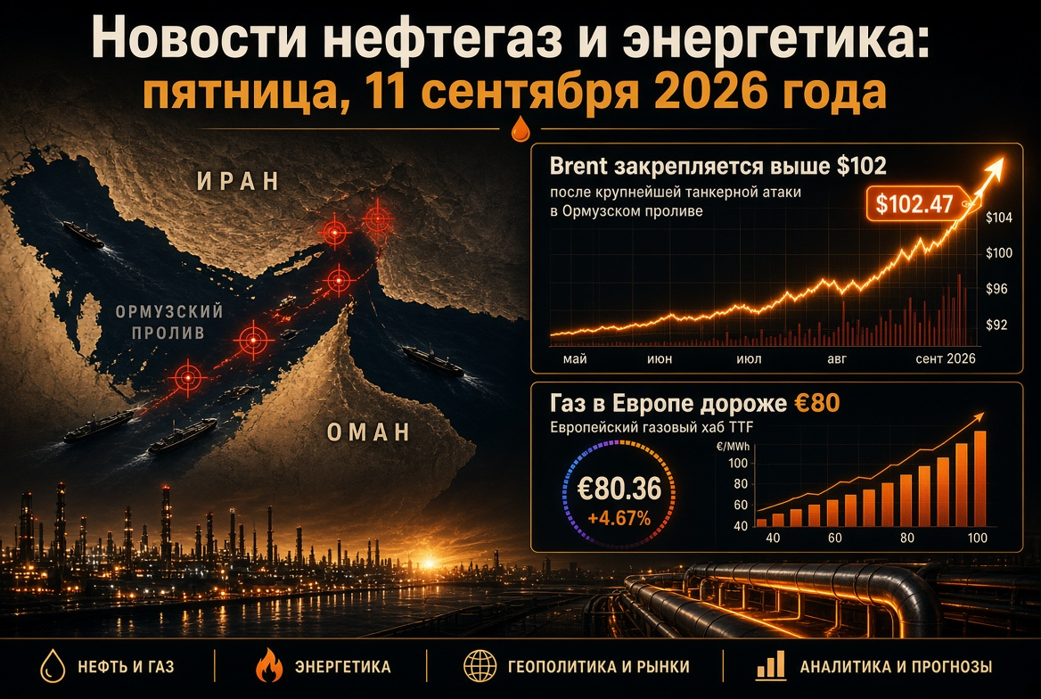 Novinky z oblasti ropy a plynu: pátek, 11. září 2026 — Brent se drží nad 102 USD po největším tankerovém útoku v Hormuzském průlivu, plyn v Evropě dražší než 80 EUR