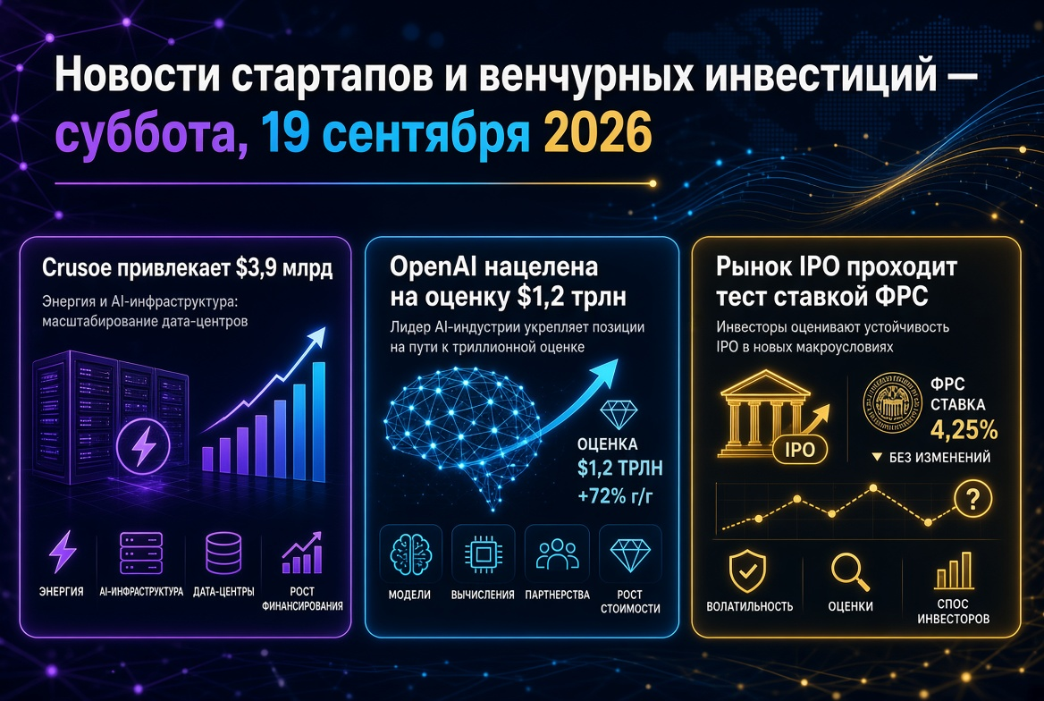 Novinky ze startupů a venture kapitálu — sobota, 19. září 2026: Crusoe získává 3,9 miliardy dolarů, OpenAI směřuje k 1,2 bilionu dolarů, trh IPO prochází zkouškou úrokovou sazbou Fedu